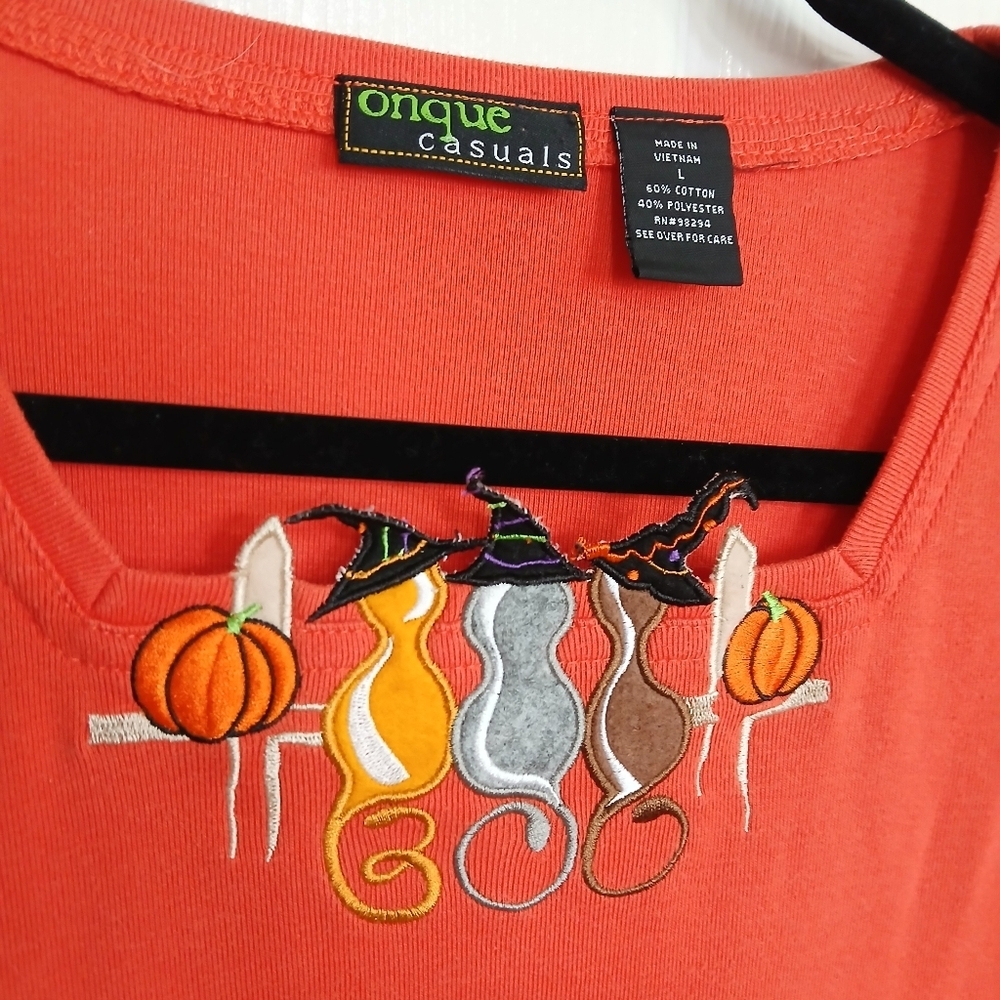 Onque Casuals HALLOWEEN Cats 3/4 Length Sleeve Shirt Witch Fall Size Large - Picture 3 of 5